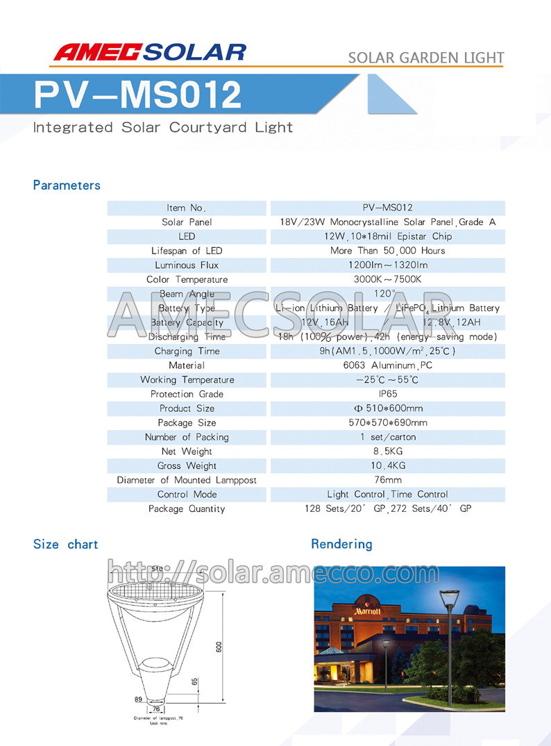 PV-MS0012 Integrated Solar Courtyard Light
